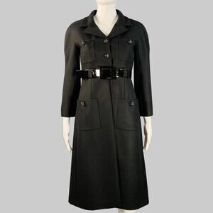 CHANEL Vintage AW07 Size 4 Black Wool Patent Leather 3/4 Sleeves Belted Coat